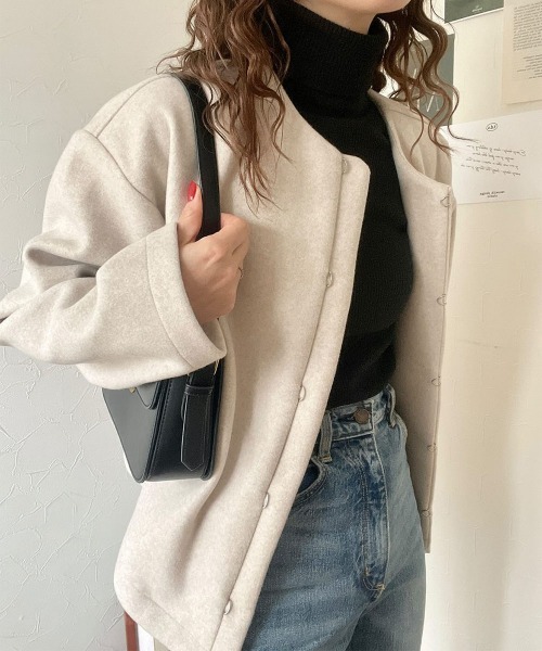 andme(アンドミー)の「起毛ダブルフェイスノーカラージャケット(ノーカラージャケット・レディース・チャコールグレー/ライトグレー/アイボリー/ラベンダー・M)」の2枚目の写真