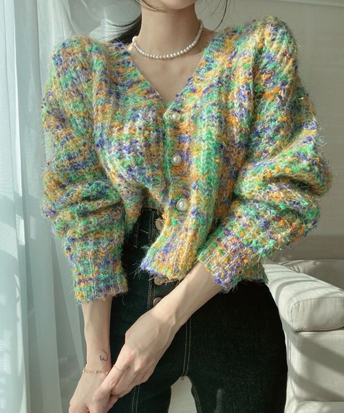 DAY CLOSET(デイ クローゼット)の「【ドラマ衣装提供】レディース パール風ボタンレトロミックスカラーニットカーディガン(カーディガン/ボレロ・レディース・ブラウン/ピンク/グリーン・ONE SIZE)」の6枚目の写真