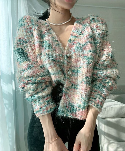DAY CLOSET(デイ クローゼット)の「【ドラマ衣装提供】レディース パール風ボタンレトロミックスカラーニットカーディガン(カーディガン/ボレロ・レディース・ブラウン/ピンク/グリーン・ONE SIZE)」の8枚目の写真