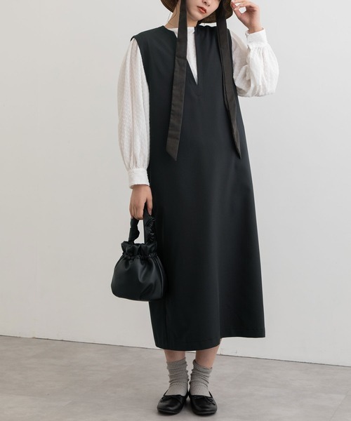 POU DOU DOU（プードゥドゥ）の「エステルレーヨンキーネックジャンスカ（ジャンパースカート・レディース・ライトイエロー/ブラウン/ブラック・3）」の2枚目の写真