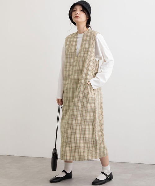 POU DOU DOU（プードゥドゥ）の「エステルレーヨンキーネックジャンスカ（ジャンパースカート・レディース・ライトイエロー/ブラウン/ブラック・3）」の9枚目の写真