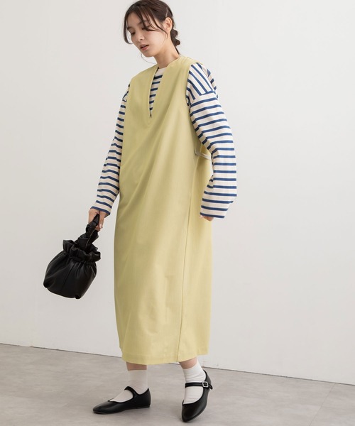 POU DOU DOU（プードゥドゥ）の「エステルレーヨンキーネックジャンスカ（ジャンパースカート・レディース・ライトイエロー/ブラウン/ブラック・3）」の4枚目の写真