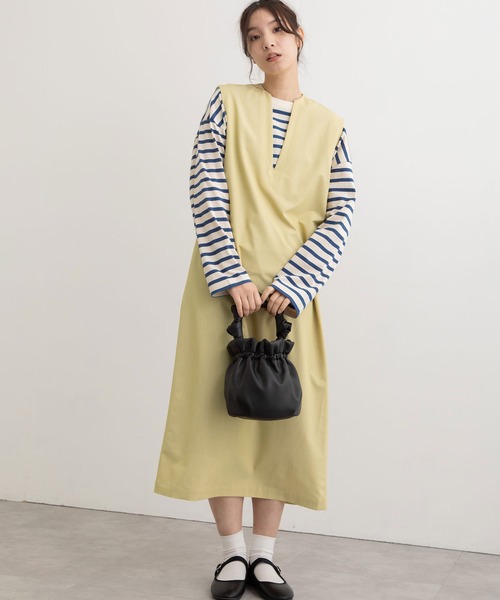 POU DOU DOU（プードゥドゥ）の「エステルレーヨンキーネックジャンスカ（ジャンパースカート・レディース・ライトイエロー/ブラウン/ブラック・3）」の15枚目の写真