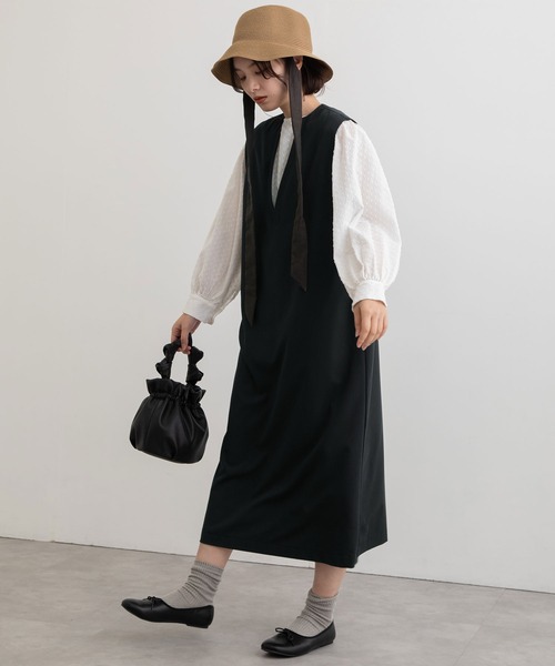 POU DOU DOU（プードゥドゥ）の「エステルレーヨンキーネックジャンスカ（ジャンパースカート・レディース・ライトイエロー/ブラウン/ブラック・3）」の5枚目の写真