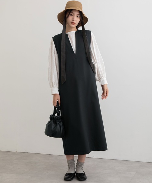 POU DOU DOU（プードゥドゥ）の「エステルレーヨンキーネックジャンスカ（ジャンパースカート・レディース・ライトイエロー/ブラウン/ブラック・3）」の11枚目の写真