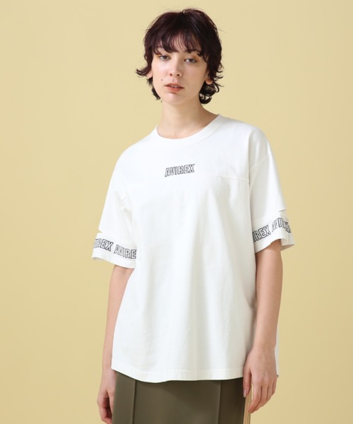 AVIREX（アヴィレックス）の「FADE WASH CUFFS OPEN EMBROIDERY TOPS/フェイドウォッシュ カフスオープン刺繍トップス（Tシャツ/カットソー・レディース・オレンジ/サックスブルー/オフホワイト/チャコールグレー・FREE）」の12枚目の写真