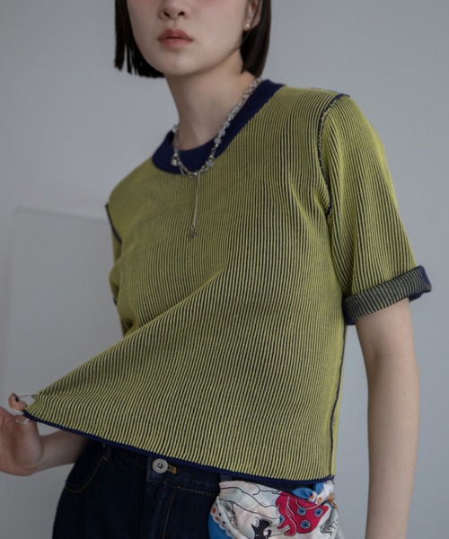 VACANCY(ヴァカンシー)の「配色プレーティングハーフスリーブリブニット/新色追加(ニット/セーター・レディース・グリーン/オレンジ/ブラック/ホワイト/ブルー/ネイビー・FREE)」の4枚目の写真