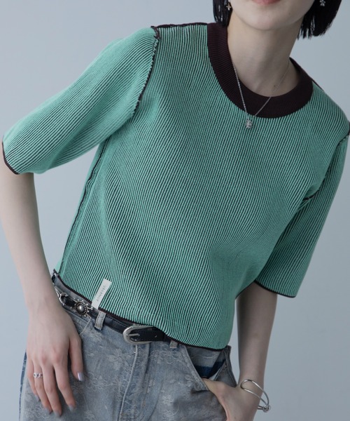 VACANCY(ヴァカンシー)の「配色プレーティングハーフスリーブリブニット/新色追加(ニット/セーター・レディース・グリーン/オレンジ/ブラック/ホワイト/ブルー/ネイビー・FREE)」の18枚目の写真