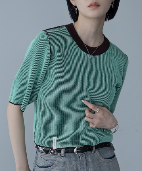 VACANCY(ヴァカンシー)の「配色プレーティングハーフスリーブリブニット/新色追加(ニット/セーター・レディース・グリーン/オレンジ/ブラック/ホワイト/ブルー/ネイビー・FREE)」の14枚目の写真