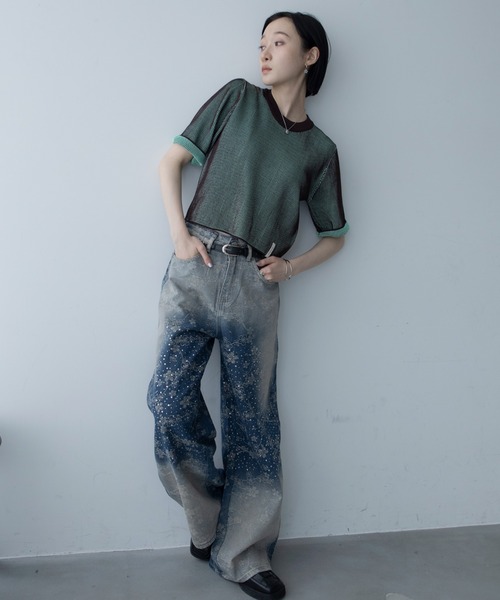 VACANCY(ヴァカンシー)の「配色プレーティングハーフスリーブリブニット/新色追加(ニット/セーター・レディース・グリーン/オレンジ/ブラック/ホワイト/ブルー/ネイビー・FREE)」の12枚目の写真