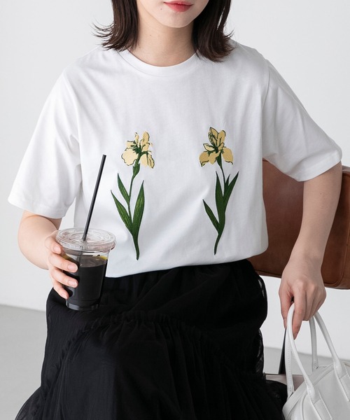 フラワー刺繍半袖Tシャツ Mサイズ オフホワイト ワンフォークロージング 1111clothing ◇フラワー サガラ刺繍 T