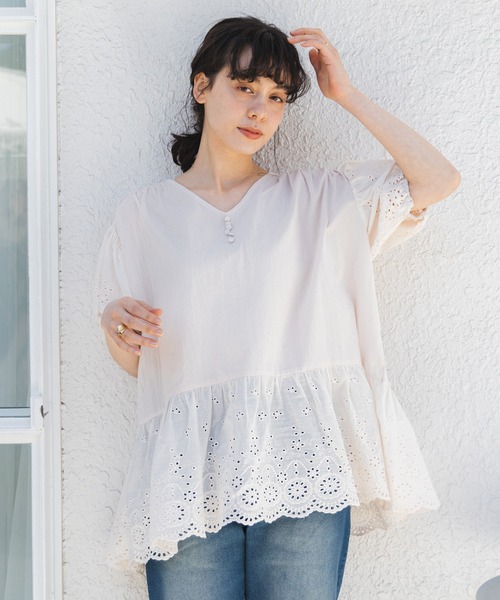 pairmanon（ペアマノン）の「【ママサイズ】レース切り替え半袖