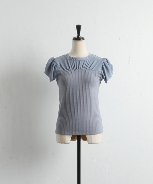 tocco closet（トッコ　クローゼット）の「後ろリボン付きシフォン切り替えリブカットソープルオーバー（Tシャツ/カットソー・レディース・オフホワイト/グレイッシュブルー・M）」の12枚目の写真