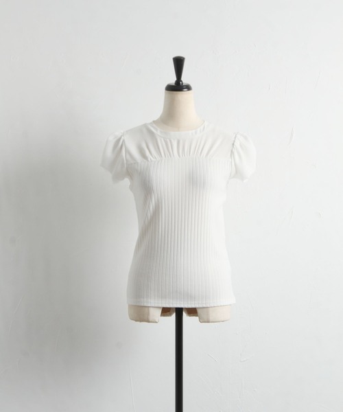 tocco closet（トッコ　クローゼット）の「後ろリボン付きシフォン切り替えリブカットソープルオーバー（Tシャツ/カットソー・レディース・オフホワイト/グレイッシュブルー・M）」の13枚目の写真