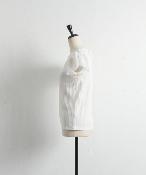 tocco closet（トッコ　クローゼット）の「後ろリボン付きシフォン切り替えリブカットソープルオーバー（Tシャツ/カットソー・レディース・オフホワイト/グレイッシュブルー・M）」の14枚目の写真