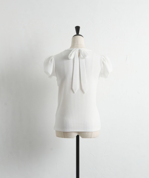 tocco closet（トッコ　クローゼット）の「後ろリボン付きシフォン切り替えリブカットソープルオーバー（Tシャツ/カットソー・レディース・オフホワイト/グレイッシュブルー・M）」の15枚目の写真