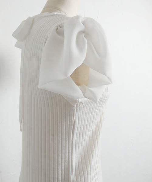 tocco closet（トッコ　クローゼット）の「後ろリボン付きシフォン切り替えリブカットソープルオーバー（Tシャツ/カットソー・レディース・オフホワイト/グレイッシュブルー・M）」の20枚目の写真