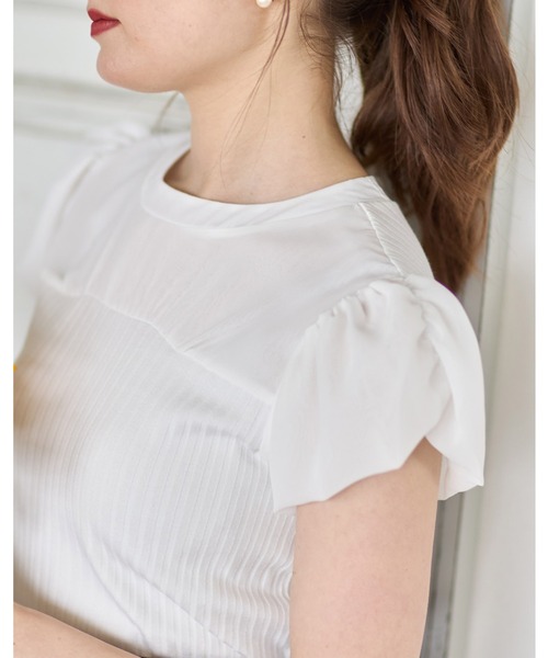 tocco closet（トッコ　クローゼット）の「後ろリボン付きシフォン切り替えリブカットソープルオーバー（Tシャツ/カットソー・レディース・オフホワイト/グレイッシュブルー・M）」の6枚目の写真