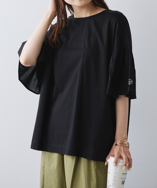 PUAL CE CIN（ピュアルセシン）の「ワンポイントプリントシルケット袖フリルTシャツ（Tシャツ/カットソー・レディース・ブラック系/ブルー系/オフホワイト/ブラック・FREE）」の14枚目の写真