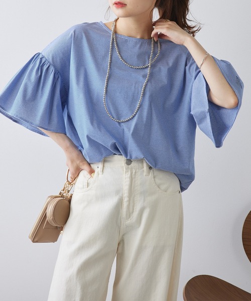 PUAL CE CIN（ピュアルセシン）の「ワンポイントプリントシルケット袖フリルTシャツ（Tシャツ/カットソー・レディース・ブラック系/ブルー系/オフホワイト/ブラック・FREE）」の9枚目の写真