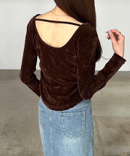 MONOHA バックオープン ダークグレー トップス セール】シアー ベロア調 バックオープントップス（Tシャツ