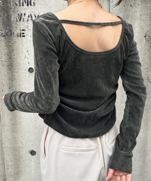 solleim（ソルレム）の「バックオープンシアーベロアトップス（Tシャツ/カットソー・レディース・ブラウン/ブラック/グレー/ボルドー/ブラック系/グレー系/ブラウン系/レッド系・M/L）」の9枚目の写真