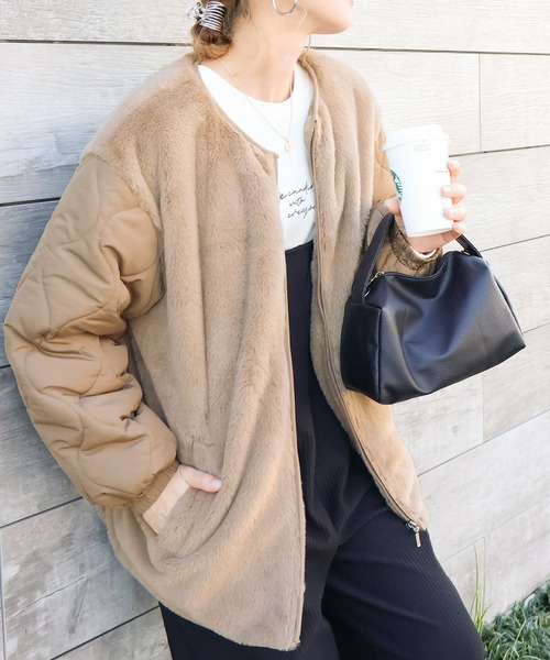 Social GIRL（ソーシャルガール）の「ファー付きキルトジャケット（ブルゾン・レディース・モカ/カーキ/グレー/ブラック/ホワイト・L/M）」の4枚目の写真