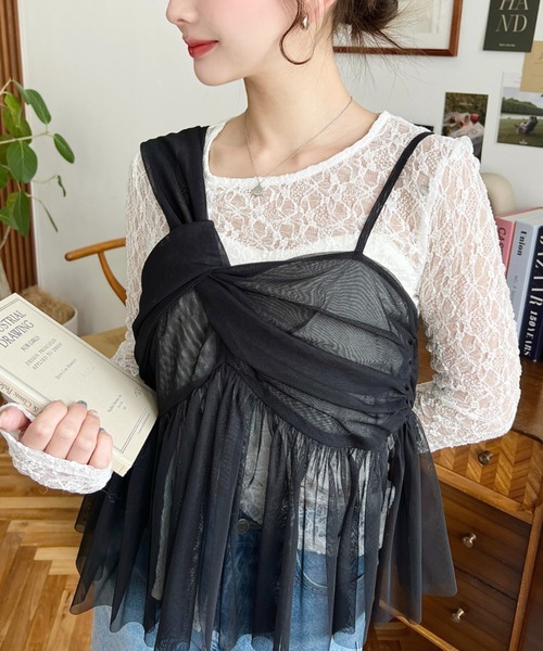 moment+（モーメントプラス）の「カットチュールリボンキャミソール（キャミソール・レディース・アイボリー/ブラック/ナチュラル/チャコールグレー/ピンク・M）」の3枚目の写真