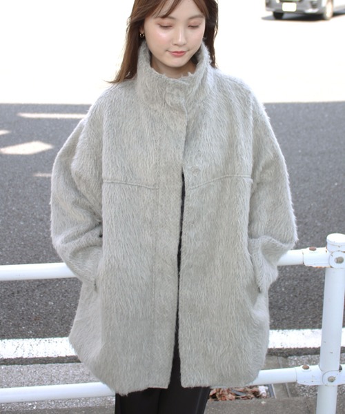 シャギースタンドカラーコート / ミドル丈 ウールコート シャギー