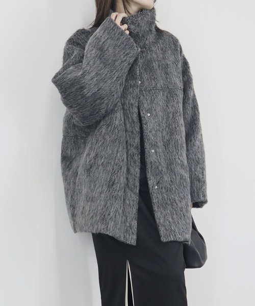 シャギースタンドカラーコート / ミドル丈 ウールコート シャギー