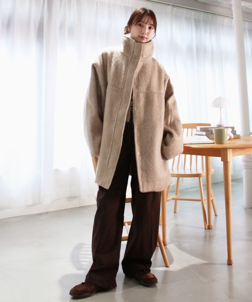 セール】シャギースタンドカラーコート / ミドル丈 ウールコート