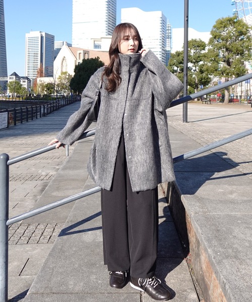 セール】シャギースタンドカラーコート / ミドル丈 ウールコート