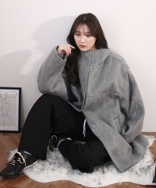 セール】シャギースタンドカラーコート / ミドル丈 ウールコート