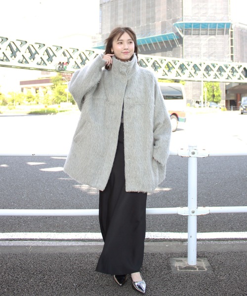 シャギースタンドカラーコート / ミドル丈 ウールコート シャギー