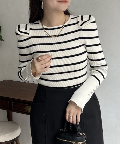 prose verse（プロズヴェール）の「パフスリーブ袖スリットパールニット（ニット/セーター・レディース・ブラック/オフホワイト/グレー/ホワイト系その他・MEDIUM）」の6枚目の写真