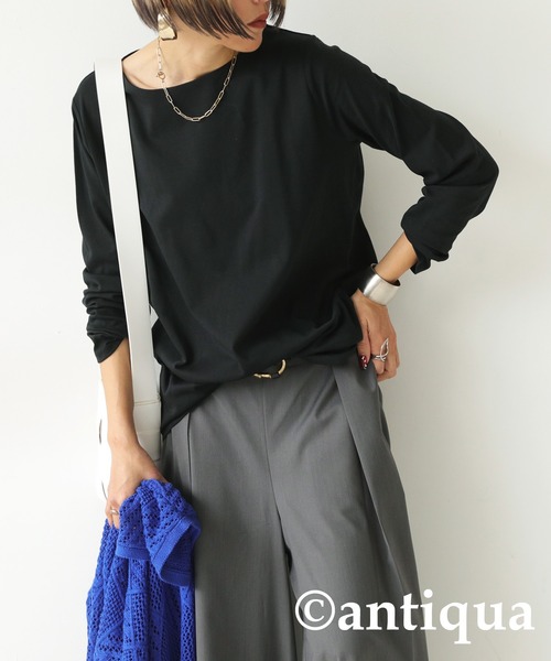 antiqua（アンティカ）の「綿100％ スムースボートネックT（Tシャツ/カットソー・レディース・スミクロ/オフホワイト/カーキ/ブラック/ネイビー・L/M/XL）」の18枚目の写真