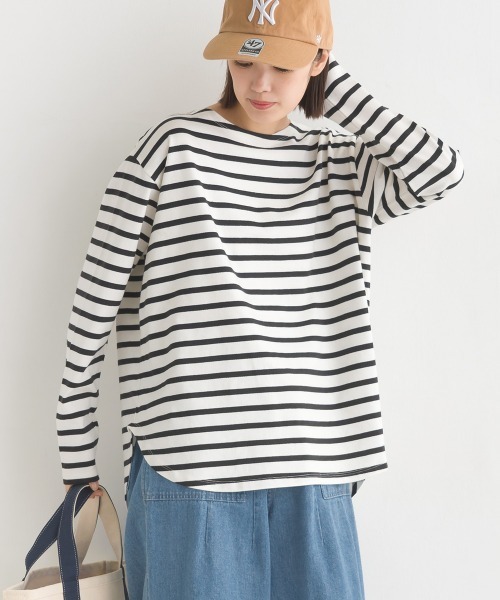 10番単ボーダー裾ラウンド長袖Tシャツ（Tシャツ/カットソー）｜OMNES