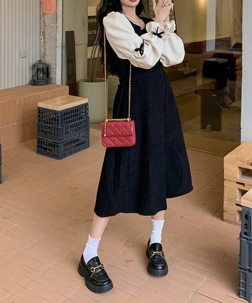 SHEPP（シープ）の「リボンスリーブ 切り替えワンピース（ワンピース・レディース・ブラウン/ブラック・M/L）」の6枚目の写真