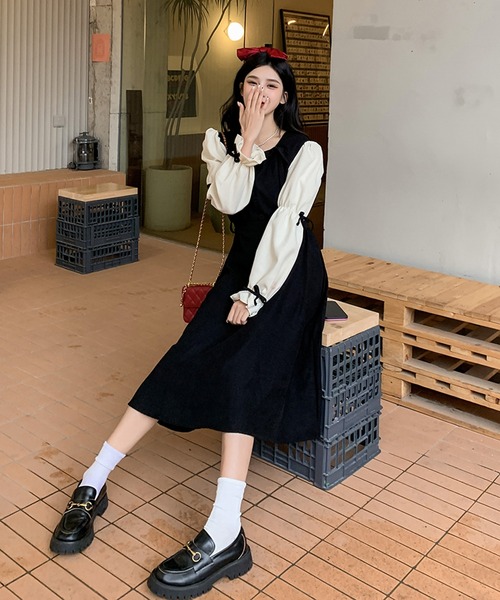 SHEPP（シープ）の「リボンスリーブ 切り替えワンピース（ワンピース・レディース・ブラウン/ブラック・M/L）」の7枚目の写真
