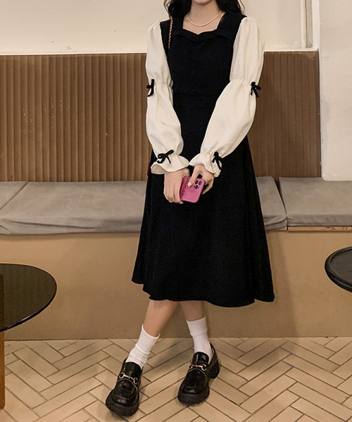 SHEPP（シープ）の「リボンスリーブ 切り替えワンピース（ワンピース・レディース・ブラウン/ブラック・M/L）」の9枚目の写真