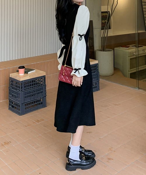 SHEPP（シープ）の「リボンスリーブ 切り替えワンピース（ワンピース・レディース・ブラウン/ブラック・M/L）」の11枚目の写真