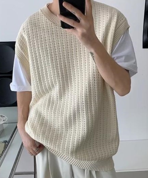 Anchor Smith（アンカー スミス）の「オーバーサイズメッシュニットベスト（ベスト・メンズ・アイボリー/ブラック・XL/L/M）」の2枚目の写真