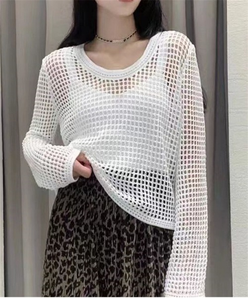 おしゃれスタ(オシャレスタ)の「ラウンドネックメッシュトップス(その他トップス・レディース・ホワイト/カーキ/アイボリー/ブラック・FREE)」の2枚目の写真