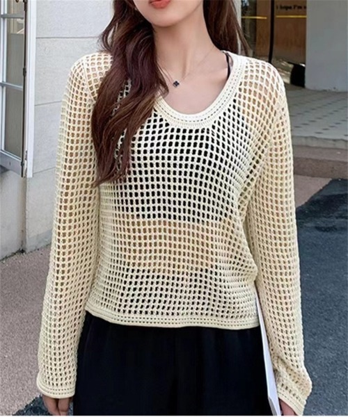 おしゃれスタ(オシャレスタ)の「ラウンドネックメッシュトップス(その他トップス・レディース・ホワイト/カーキ/アイボリー/ブラック・FREE)」の3枚目の写真