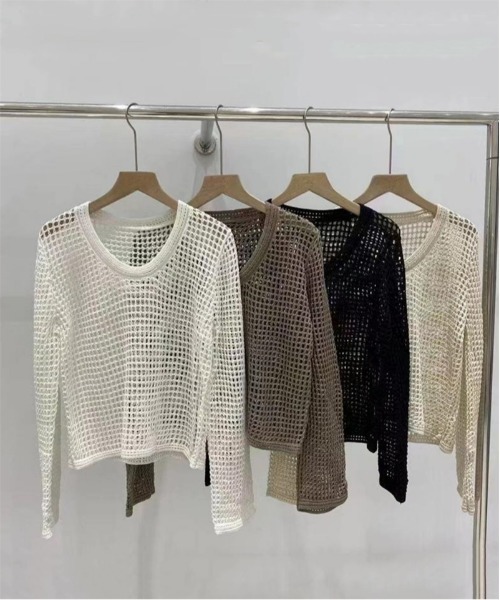 おしゃれスタ(オシャレスタ)の「ラウンドネックメッシュトップス(その他トップス・レディース・ホワイト/カーキ/アイボリー/ブラック・FREE)」の8枚目の写真