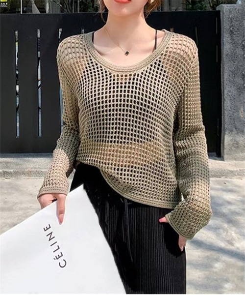 おしゃれスタ(オシャレスタ)の「ラウンドネックメッシュトップス(その他トップス・レディース・ホワイト/カーキ/アイボリー/ブラック・FREE)」の9枚目の写真