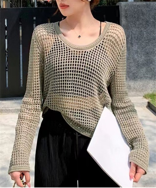 おしゃれスタ(オシャレスタ)の「ラウンドネックメッシュトップス(その他トップス・レディース・ホワイト/カーキ/アイボリー/ブラック・FREE)」の10枚目の写真