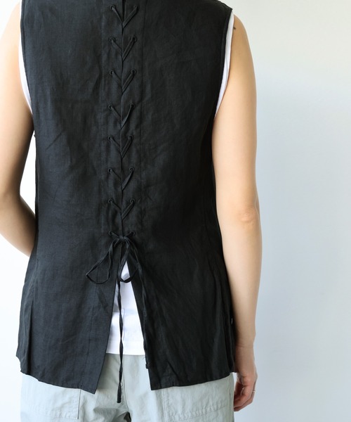 TICCA - 美品 ティッカ TICCA リネン100 ノースリーブシャツ バックレースアップ 美品 ティッカ TICCA リネン100 ノースリーブシャツ バック
