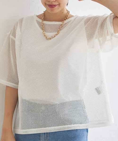 ikka（イッカ）の「【2点セット】メッシュレイヤードアンサンブル（Tシャツ/カットソー・レディース・ダークグリーン/オフホワイト/ブラック・L/M/S）」の2枚目の写真