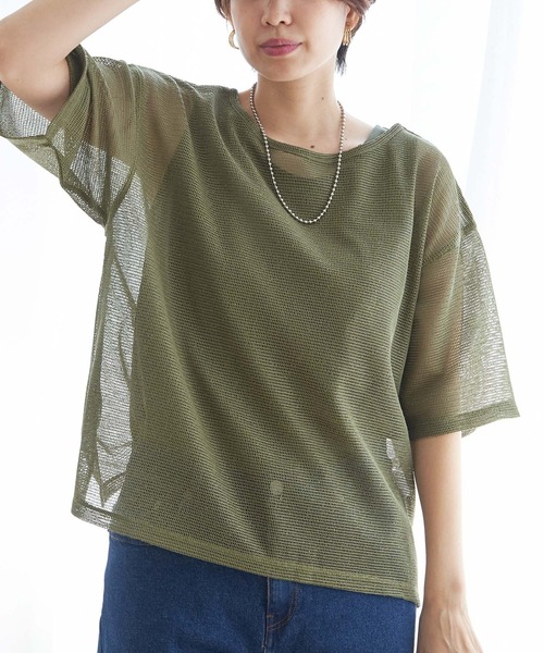 ikka（イッカ）の「【2点セット】メッシュレイヤードアンサンブル（Tシャツ/カットソー・レディース・ダークグリーン/オフホワイト/ブラック・L/M/S）」の3枚目の写真